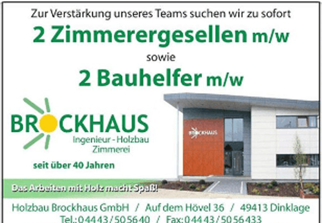 Holzbau Brockhaus sucht Zimmerergesellen und Bauhelfer